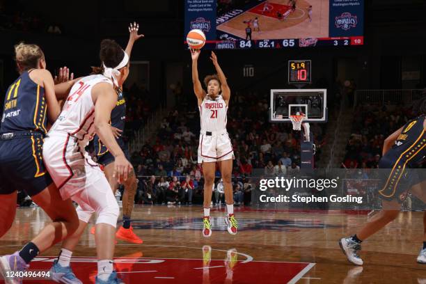 Tianna Hawkins of the Washington Mystics shoots a three point basket during the game against the Indiana Fever on May 6, 2022 at Entertainment &...