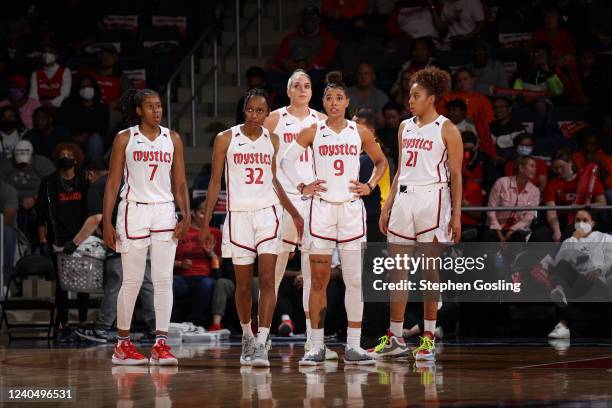 The Washington Mystics look on during the game against the Indiana Fever on May 6, 2022 at Entertainment & Sports Arena in Washington, DC. NOTE TO...