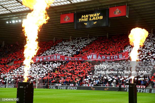 Fans of Sunderland hold up a banner during the Sky Bet League One Play-Off Semi Final 1st Leg match between Sunderland and Sheffield Wednesday at...