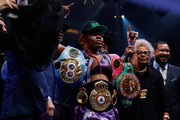 Franchon Crews-Dezurn of Baltimore Maryland with her belts after defeating Elin Cederroos of Vasteraas Sweden for the Undisputed World...