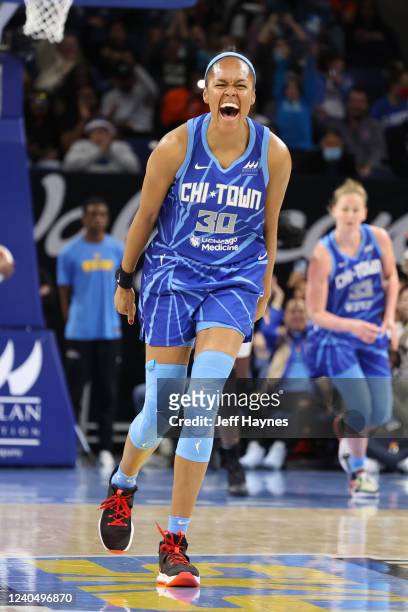 Azurá Stevens of the Chicago Sky celebrates during the game against the Los Angeles Sparks on May 6, 2022 at United Center in Chicago, Illinois. NOTE...