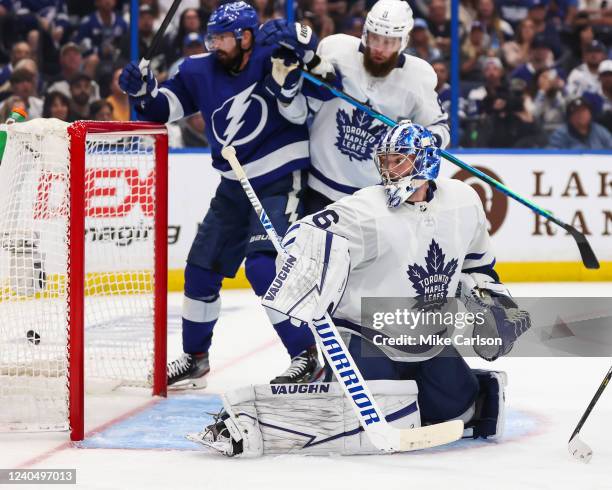 Goalie Jack Campbell of the Toronto Maple Leafs gives up a goal against the Tampa Bay Lightning during the third period in Game Three of the First...