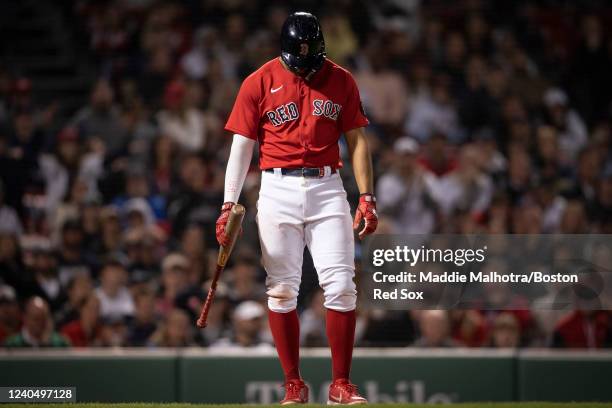 Xander Bogaerts of the Boston Red Sox reacts during the sixth inning of a game against the Chicago White Sox on May 6, 2022 at Fenway Park in Boston,...