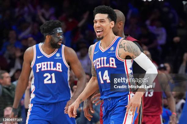 Danny Green of the Philadelphia 76ers reacts against the Miami Heat in the second half during Game Three of the 2022 NBA Playoffs Eastern Conference...