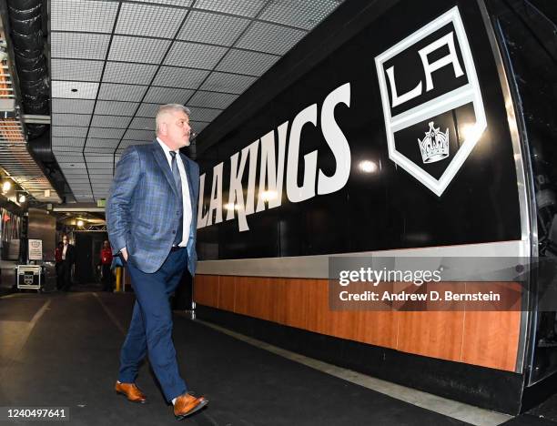 Todd McLellan head coach of the Los Angeles Kings walks towards the rink prior to Game Three of the First Round of the 2022 Stanley Cup Playoffs...