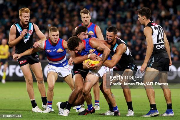 Tom Liberatore of the Bulldogs is tackled by Ryan Burton of the Power during the 2022 AFL Round 08 match between the Port Adelaide Power and the...