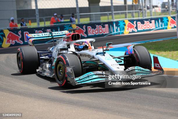 Mercedes-AMG Petronas driver George Russell of Great Britain exits turn 12 during practice for the Formula 1 CRYPTO.COM Miami Grand Prix on May 6,...