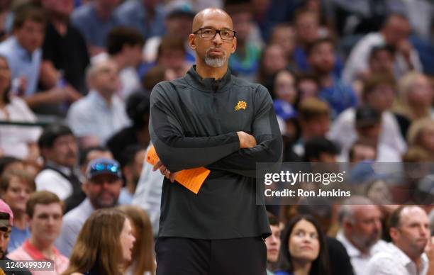 Head Coach Monty Williams of the Phoenix Suns watches the action against the Dallas Mavericks during the second half of Game Three of the 2022 NBA...