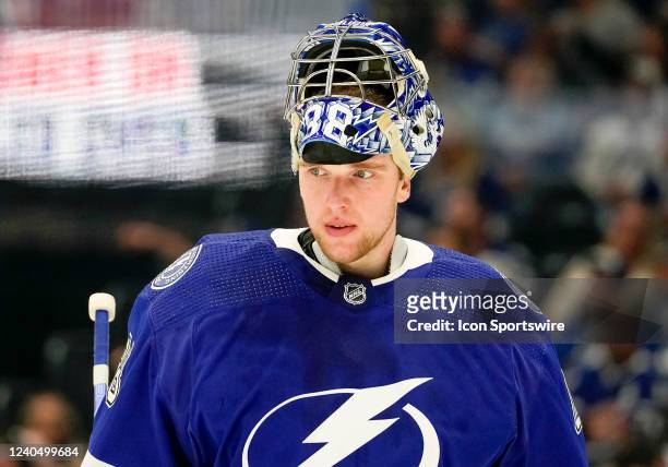 Tampa Bay Lightning goaltender Andrei Vasilevskiy during the NHL Hockey game 3 of the first round of the Stanley Cup Playoffs between Tampa Bay...