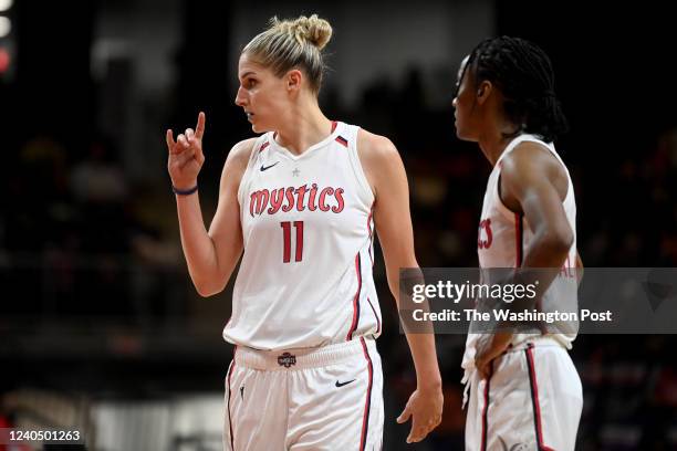 Washington Mystics forward/guard Elena Delle Donne calls a play against the Indiana Fever at the Entertainment and Sports Arena May 06, 2022 in...