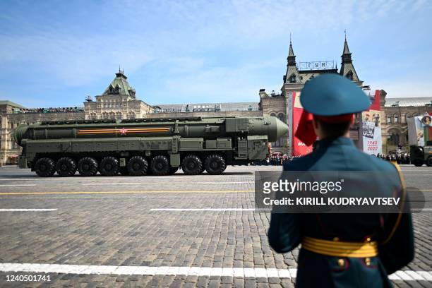 Russian Yars intercontinental ballistic missile launcher parades through Red Square during the general rehearsal of the Victory Day military parade...