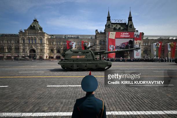 Self-propelled howitzer parades through Red Square during the general rehearsal of the Victory Day military parade in central Moscow on May 7, 2022....