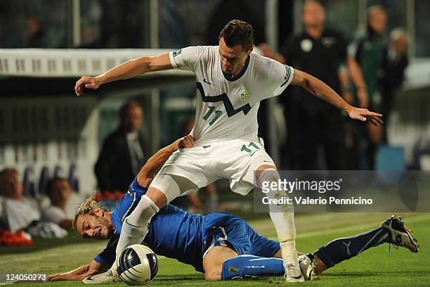 Federico Balzaretti of Italy competes for the ball with Milivoje Novakovic of Slovenia during the UEFA EURO 2012 Group C qualifying match between...