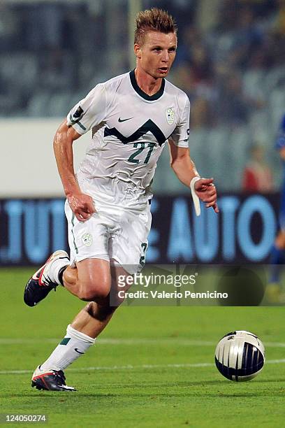Dare Vrsic of Slovenia in action during the UEFA EURO 2012 Group C qualifying match between Italy and Slovenia at Stadio Artemio Franchi on September...