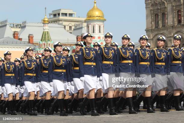 Russian female officers march during the Victory Day Parade main rehearsals, May 7, 2022 in Moscow, Russia. The Red Square military parade marking...