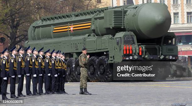 Russian RS-24 Yars intercontinental ballistic missile complex roll during the Victory Day Parade main rehearsals, May 7, 2022 in Moscow, Russia. The...