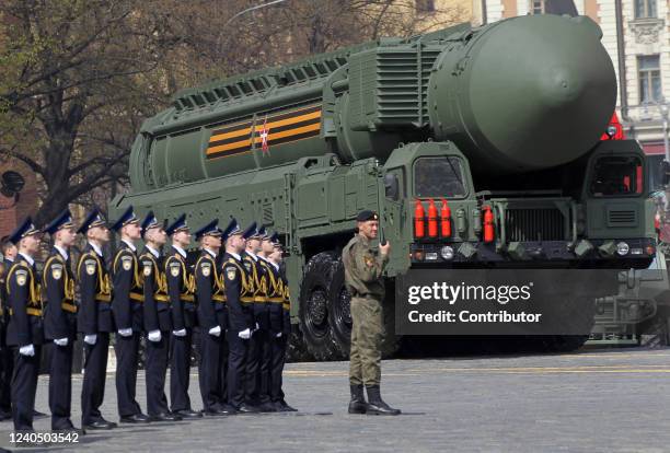 Russian RS-24 Yars intercontinental ballistic missile complex roll during the Victory Day Parade main rehearsals, May 7, 2022 in Moscow, Russia. The...