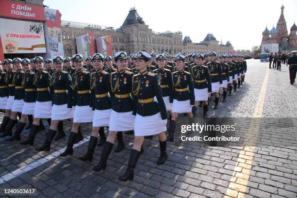 Russian female officers march during the Victory Day Parade main rehearsals, May 7, 2022 in Moscow, Russia. The Red Square military parade marking...