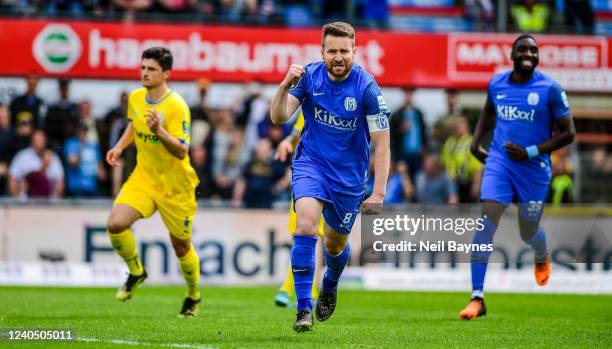 Thilo Leugers of SV Meppen scores from the penalty spot and celebrates his goal 1-0 during the 3. Liga match between SV Meppen and Eintracht...