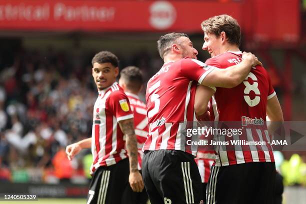 Enda Stevens of Sheffield United celebrates after scoring a goal to make it 4-0 with Sander Berge during the Sky Bet Championship match between...