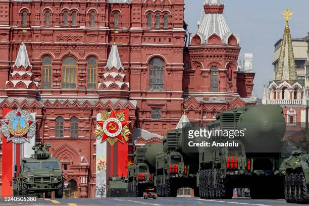 Russian military vehicles are on their way to Red Square by passing through Tverskaya street during the rehearsal of Victory Day military parade...