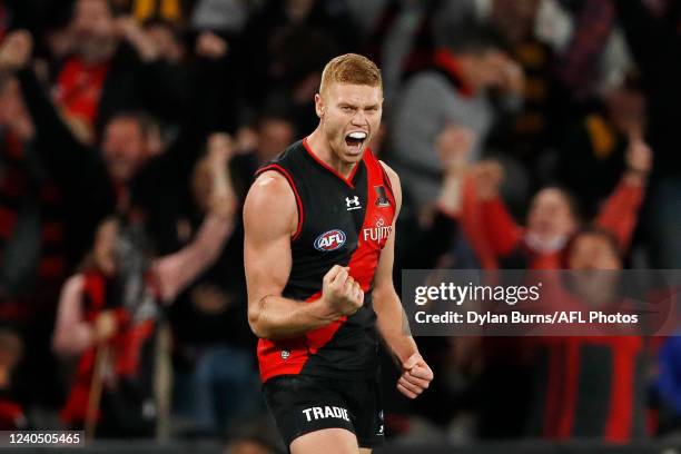 Peter Wright of the Bombers celebrates a goal during the 2022 AFL Round 08 match between the Essendon Bombers and the Hawthorn Hawks at Marvel...