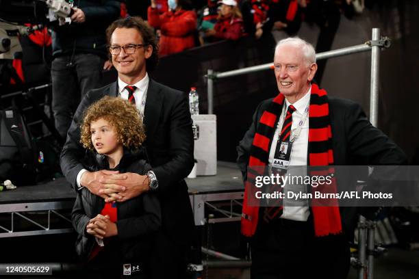 Xavier Campbell, Chief Executive Officer of the Essendon Football Club and Paul Brasher, President of the Essendon Football Club are seen standing at...