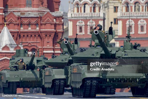 Russian military vehicles are on their way to Red Square by passing through Tverskaya street during the rehearsal of Victory Day military parade...