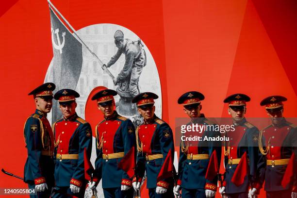 Russian soldiers walk to Red Square by passing through Tverskaya street during the rehearsal of Victory Day military parade marking the 77th...