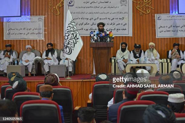 Taliban minister for Promotion of Virtue and Prevention of Vice Mohammad Khalid Hanafi speaks during a ceremony to announce the decree for Afghan...