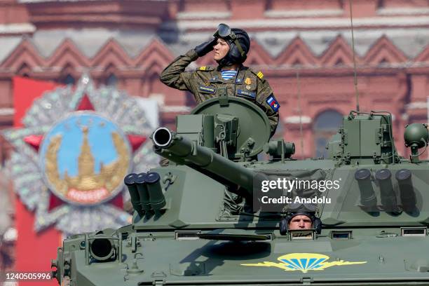 Russian military vehicles are on their way to Red Square by passing through Tverskaya street during the rehearsal of Victory Day military parade...