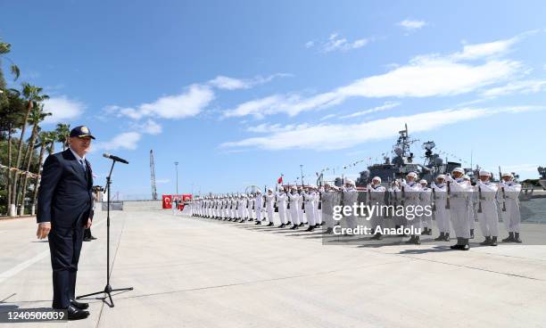 Turkish National Defense Minister Hulusi Akar makes a speech as he visits Mediterranean Regional Command in Mersin, Turkiye on May 07, 2022. Chief of...