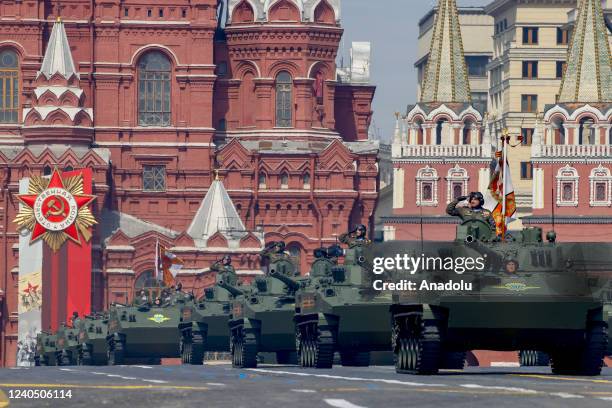 Russian military vehicles are on their way to Red Square by passing through Tverskaya street during the rehearsal of Victory Day military parade...