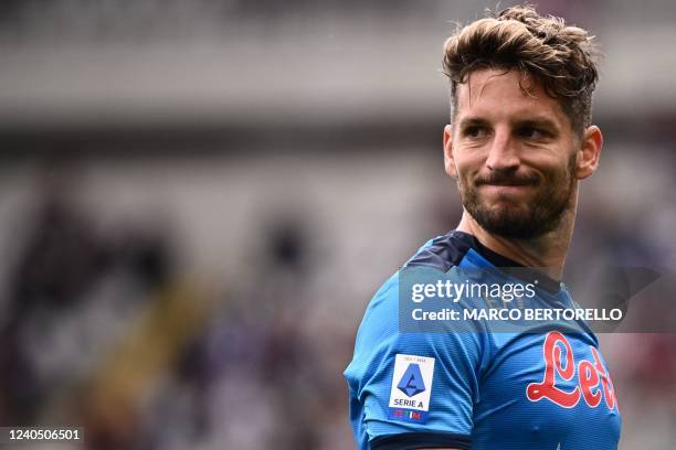 Napoli's Belgian forward Dries Mertens reacts during the Italian Serie A football match between Torino and Napoli on May 7, 2022 at the Olympic...