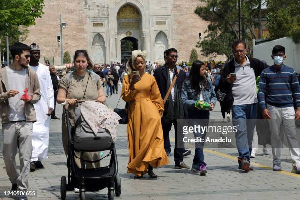 Tourists are seen in front of the Topkapi Palace during spring day in Istanbul, Turkiye on May 06, 2022. The Historical Peninsula, which includes...