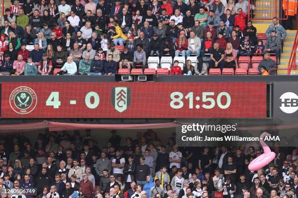 An inflateable flamingo is thrown into the air during the Sky Bet Championship match between Sheffield United and Fulham at Bramall Lane on May 7,...