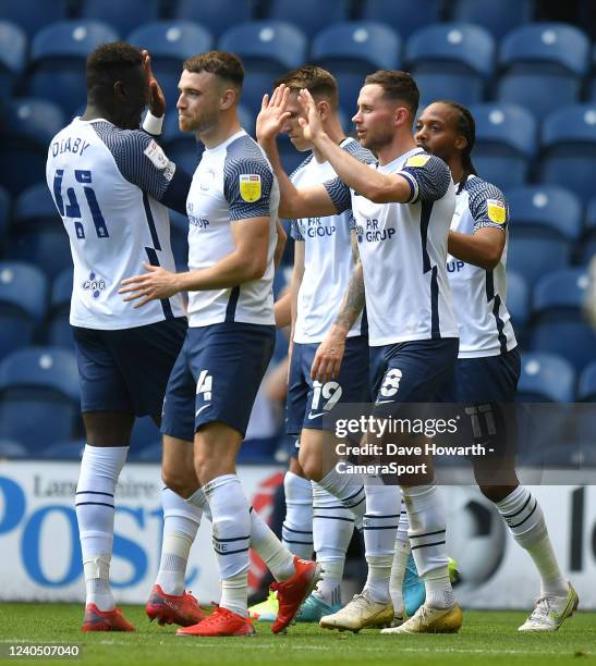 Preston North End's Alan Browne is congratulated on scoring his teams opening goal during the Sky Bet Championship match between Preston North End...