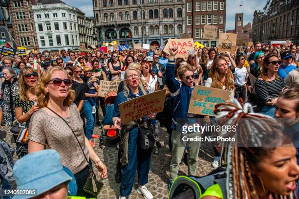 People are shouting pro abortion slogans, during a demonstration in solidarity for the right to abortion in the USA, organized in Amsterdam, on May...