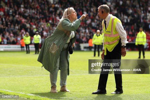 Fan arguing with a steward at full time of the Sky Bet Championship match between Sheffield United and Fulham at Bramall Lane on May 7, 2022 in...