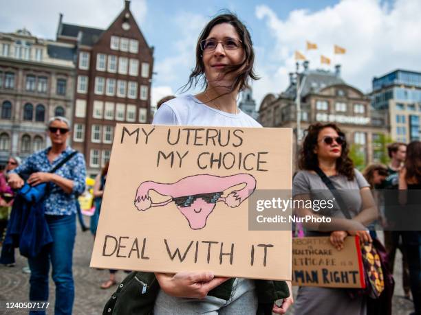 Woman is holding a pro abortion choice, during a demonstration in solidarity for the right to abortion in the USA, organized in Amsterdam, on May...