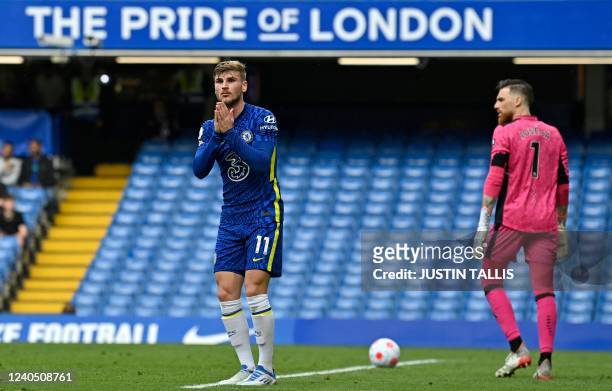 Chelsea's German striker Timo Werner reacts after his goal was disallowed during the English Premier League football match between Chelsea and...