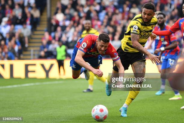 Crystal Palace's English defender Joel Ward vies with Watford's Norwegian striker Joshua King during the English Premier League football match...