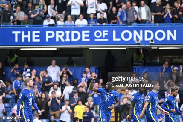 Chelsea's Belgian striker Romelu Lukaku celebrates scoring the team's second goal during the English Premier League football match between Chelsea...