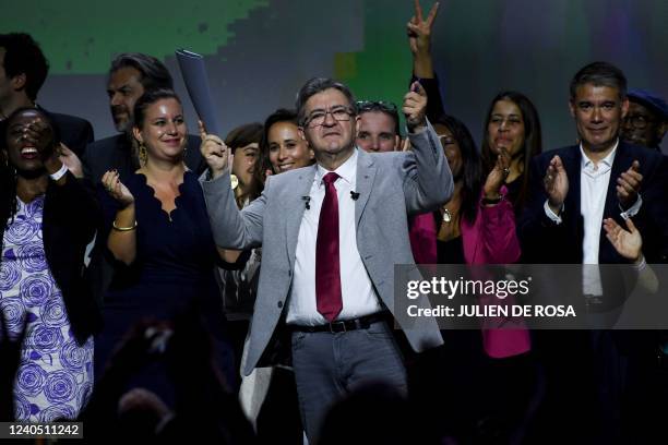 French leftist movement La France Insoumise's leader and three times presidential candidate Jean-Luc Melenchon gestures after delivering a speech...