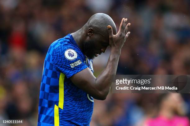 Romelu Lukaku of Chelsea reacts during the Premier League match between Chelsea and Wolverhampton Wanderers at Stamford Bridge on May 7, 2022 in...