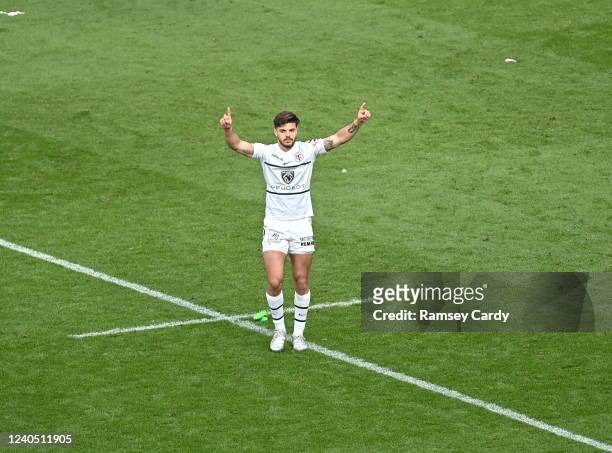 Dublin , Ireland - 7 May 2022; Romain Ntamack of Toulouse celebrates a successful kick in the "place kick" competition to decide the winner after the...