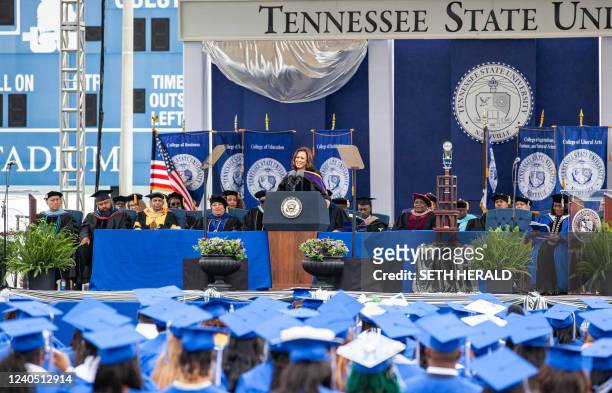Vice President Kamala Harris delivers the commencement speech at Tennessee State University in Nashville, Tennessee, on May 7, 2022.