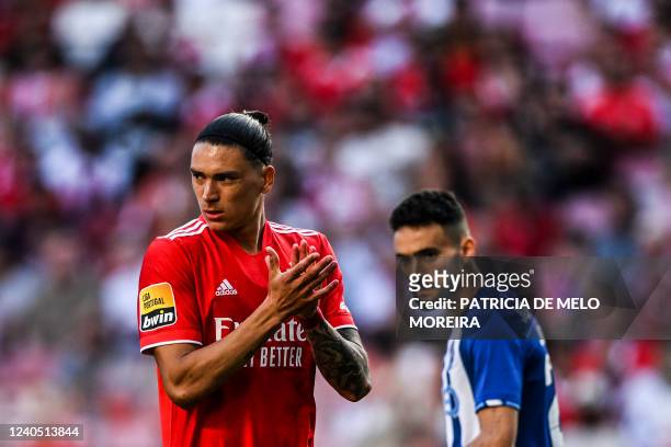 Benfica's Uruguayan forward Darwin Nunez reacts during the Portuguese League football between SL Benfica and FC Porto at the Luz stadium in Lisbon on...