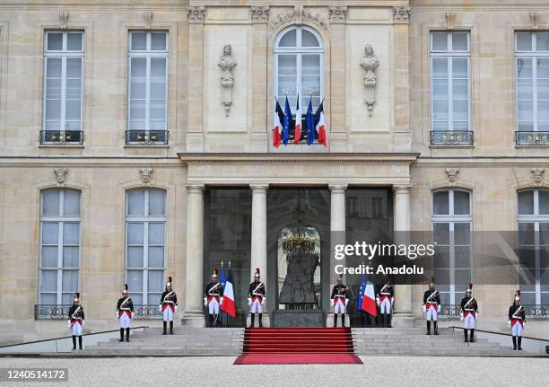 General view of the French Presidential Elysee Palace as Repuclican guards take position prior to the investiture ceremony of Emmanuel Macron as...