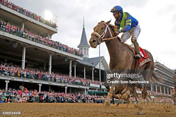 Jockey Luis Saez aboard Secret Oath after winning the Kentucky Oaks on May 6th, 2022 at Churchill Downs in Louisville, Kentucky.